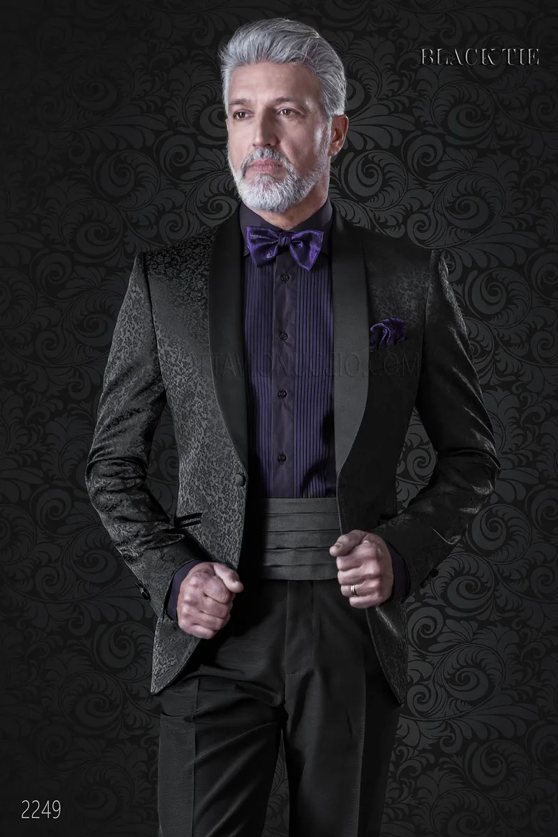 Giacca smoking uomo damascato nero e pantalone nero 1