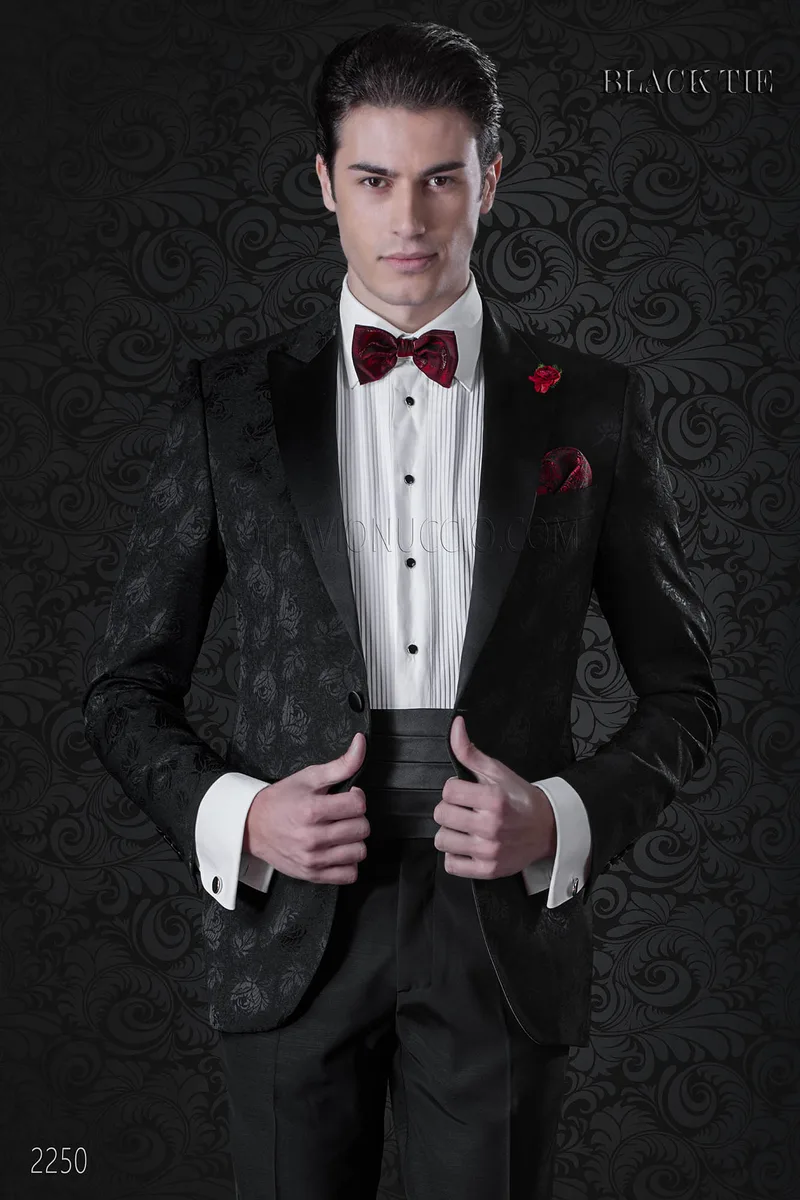 Giacca smoking sposo damascato in lana seta nero 1