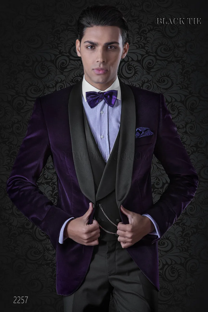 Giacca smoking uomo in velluto viola con pantalone nero – pa