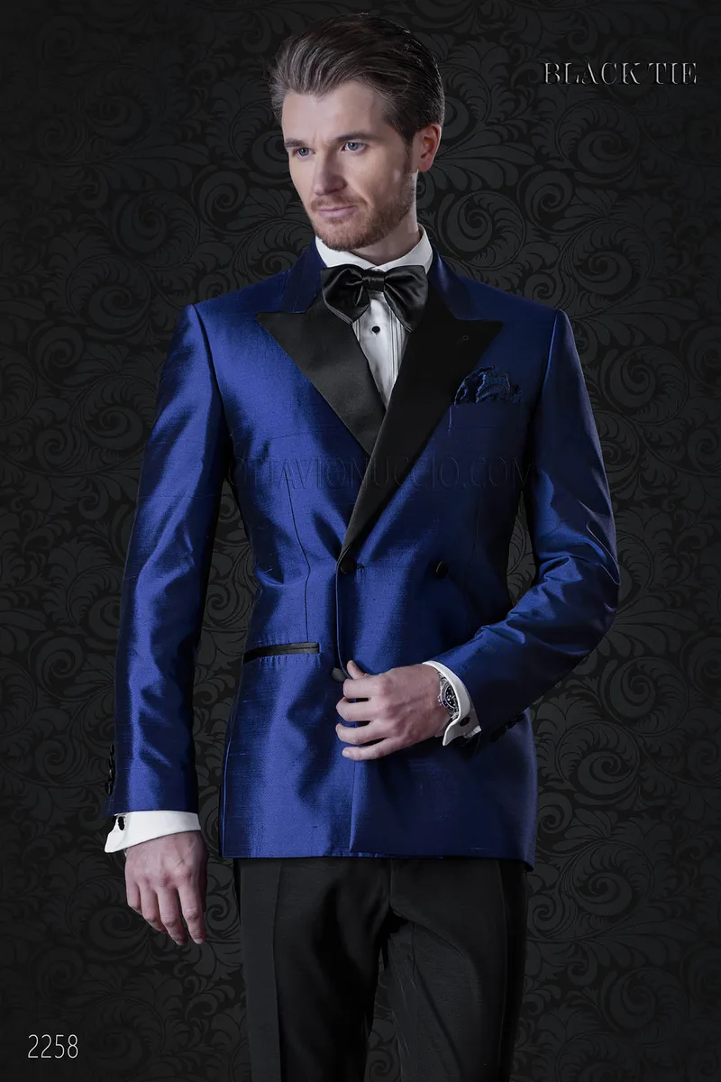 Giacca smoking doppiopetto uomo blue elettrico in shantung 1