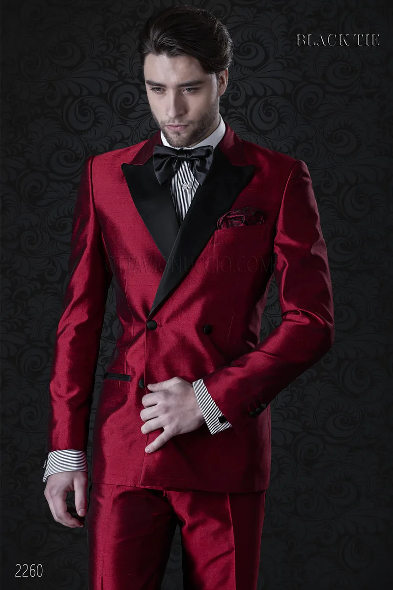 Smoking doppiopetto rosso da uomo in shantung 1