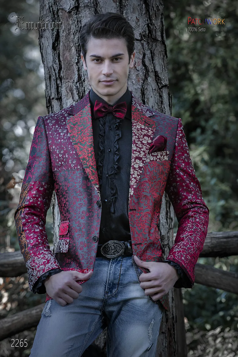 Giacca patchwork uomo seta toni rosso 1