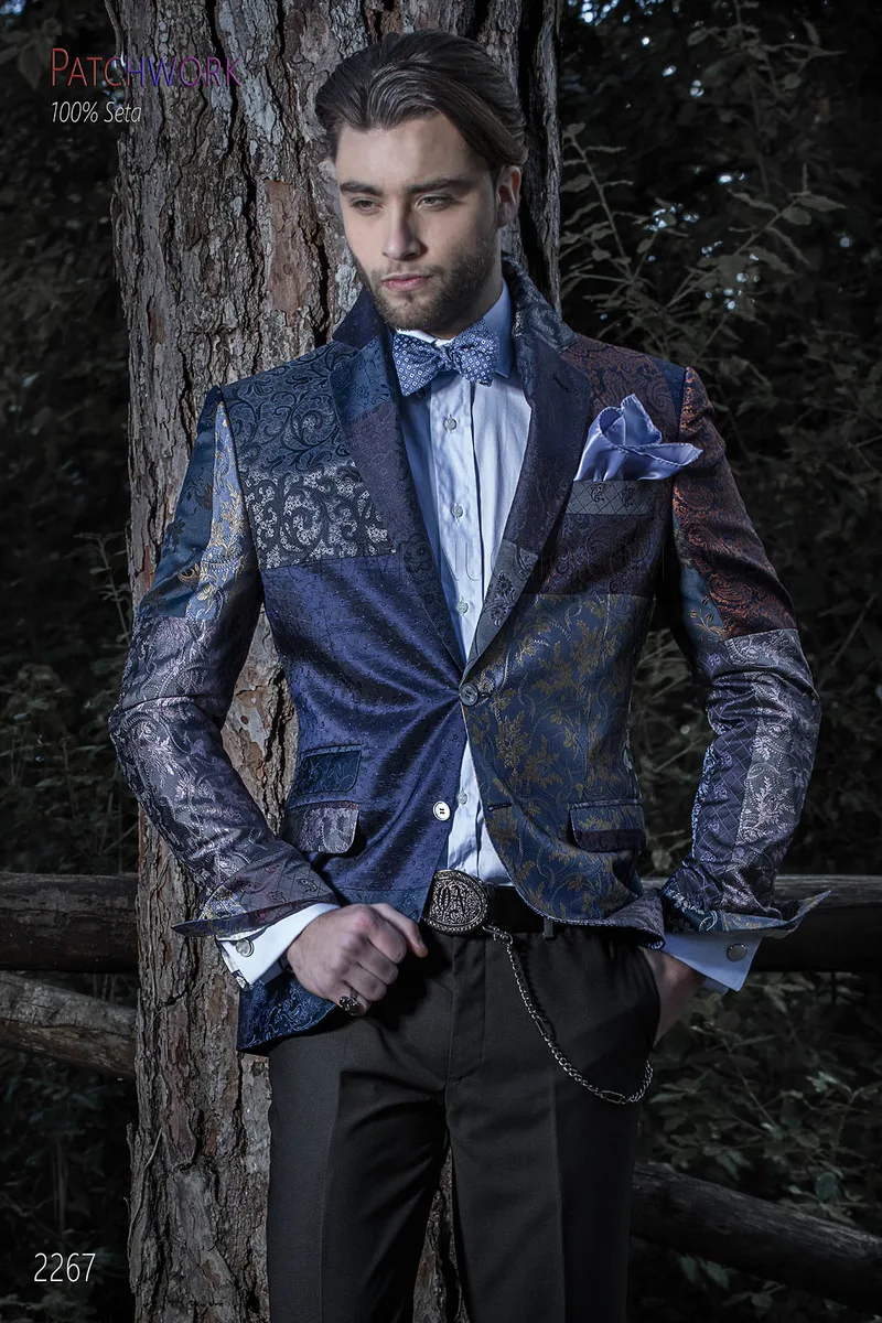 Giacca uomo patchwork seta blu | Giacca prodotta su misura 1