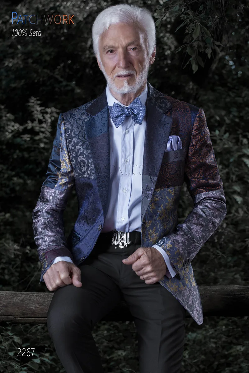 Giacca uomo patchwork seta blu | Giacca prodotta su misura 2
