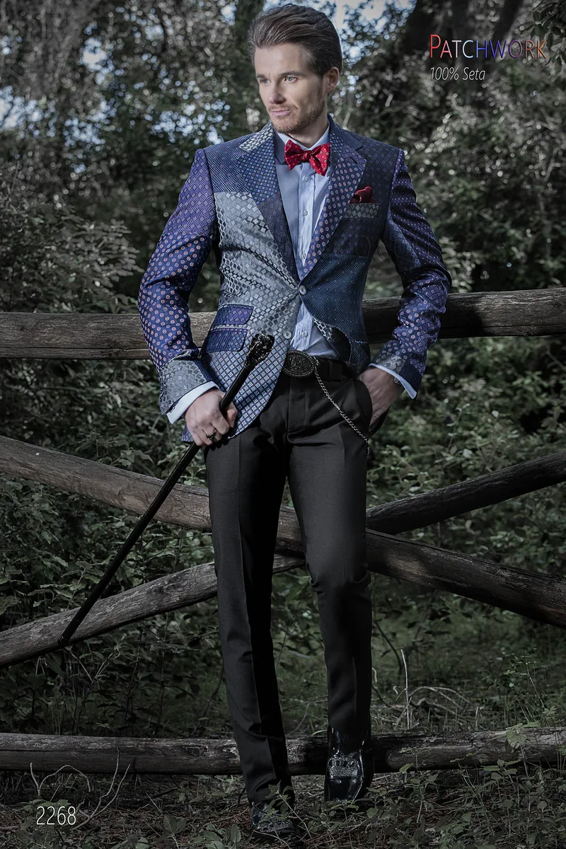 Giacca patchwork seta blu da cerimonia uomo 1