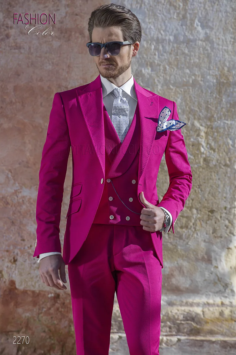 Abito cerimonia uomo vintage, moda sposo fashion puro cotone fucsia 1