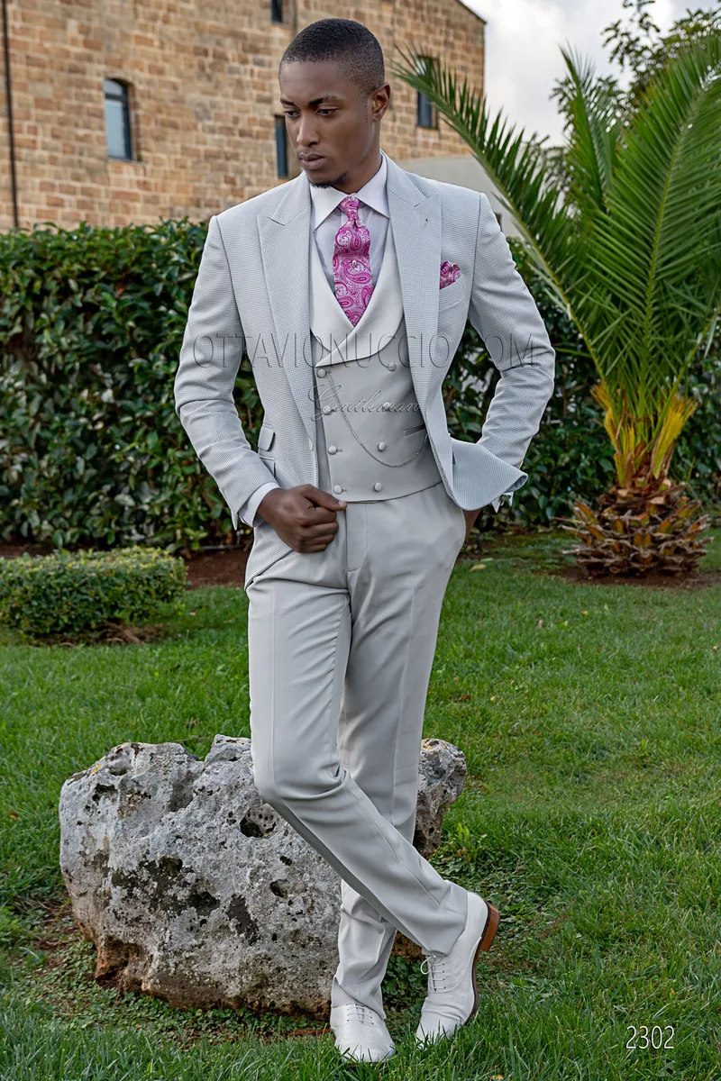 Abito cerimonia uomo pied poul grigio perla con gilet e pantalone a tono – fi