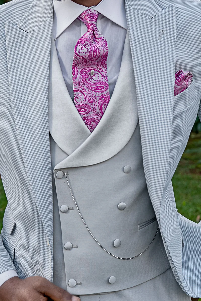 Abito cerimonia uomo pied poul grigio perla con gilet e pantalone a tono 3
