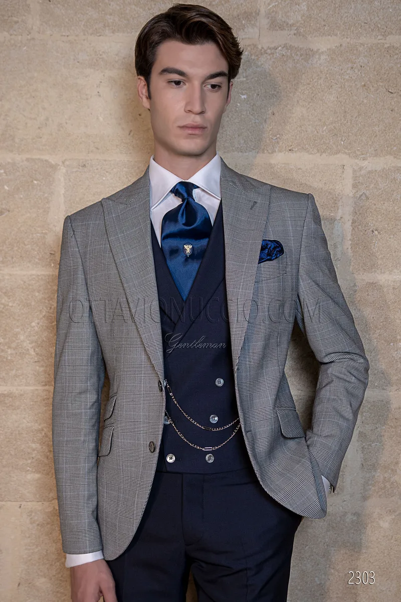 Abito uomo Principe di Galles con gilet e pantalone blu 1