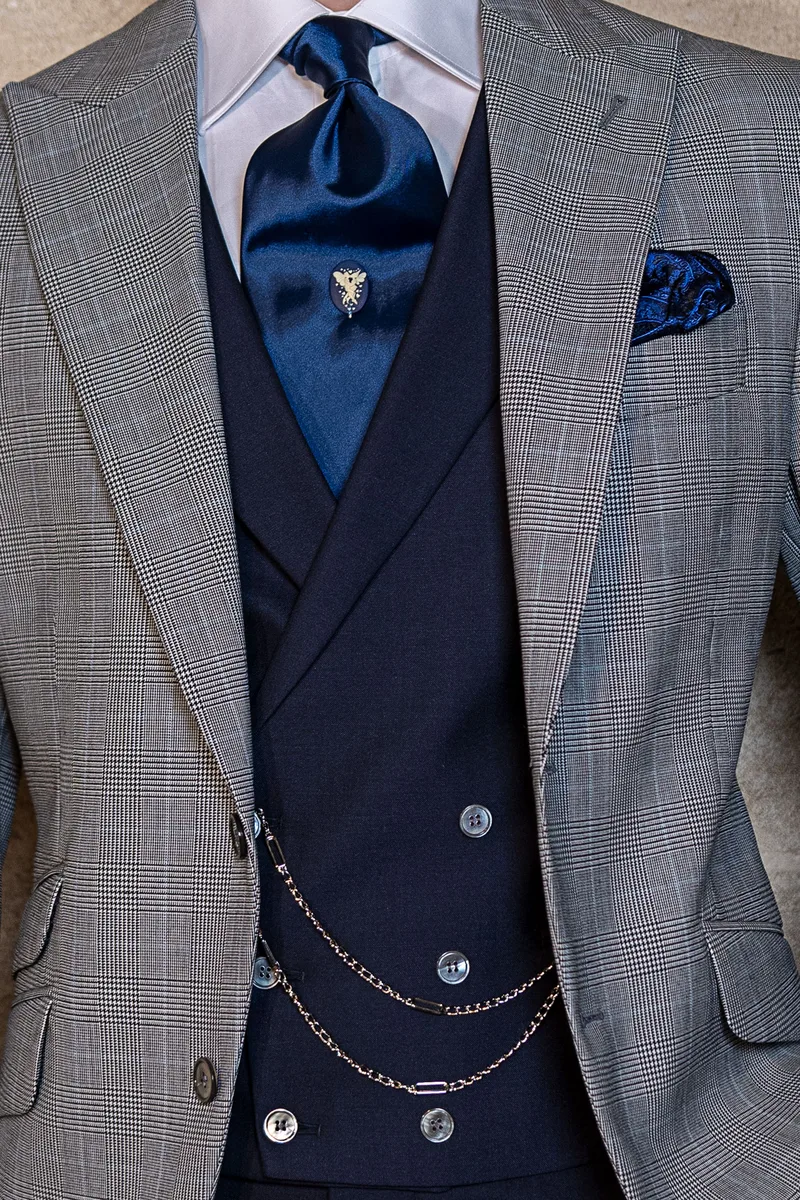 Abito uomo Principe di Galles con gilet e pantalone blu 3