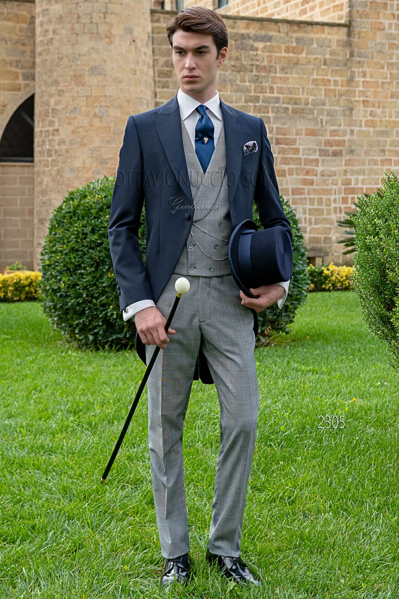 Tight sposo blu con gilet e pantalone principe di galles 1