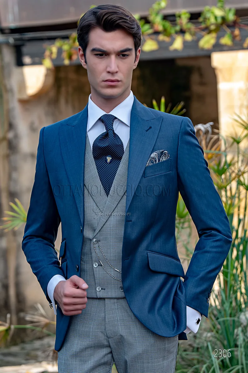 Vestito sposo uomo blu, gilet e pantalone principe di galles 1