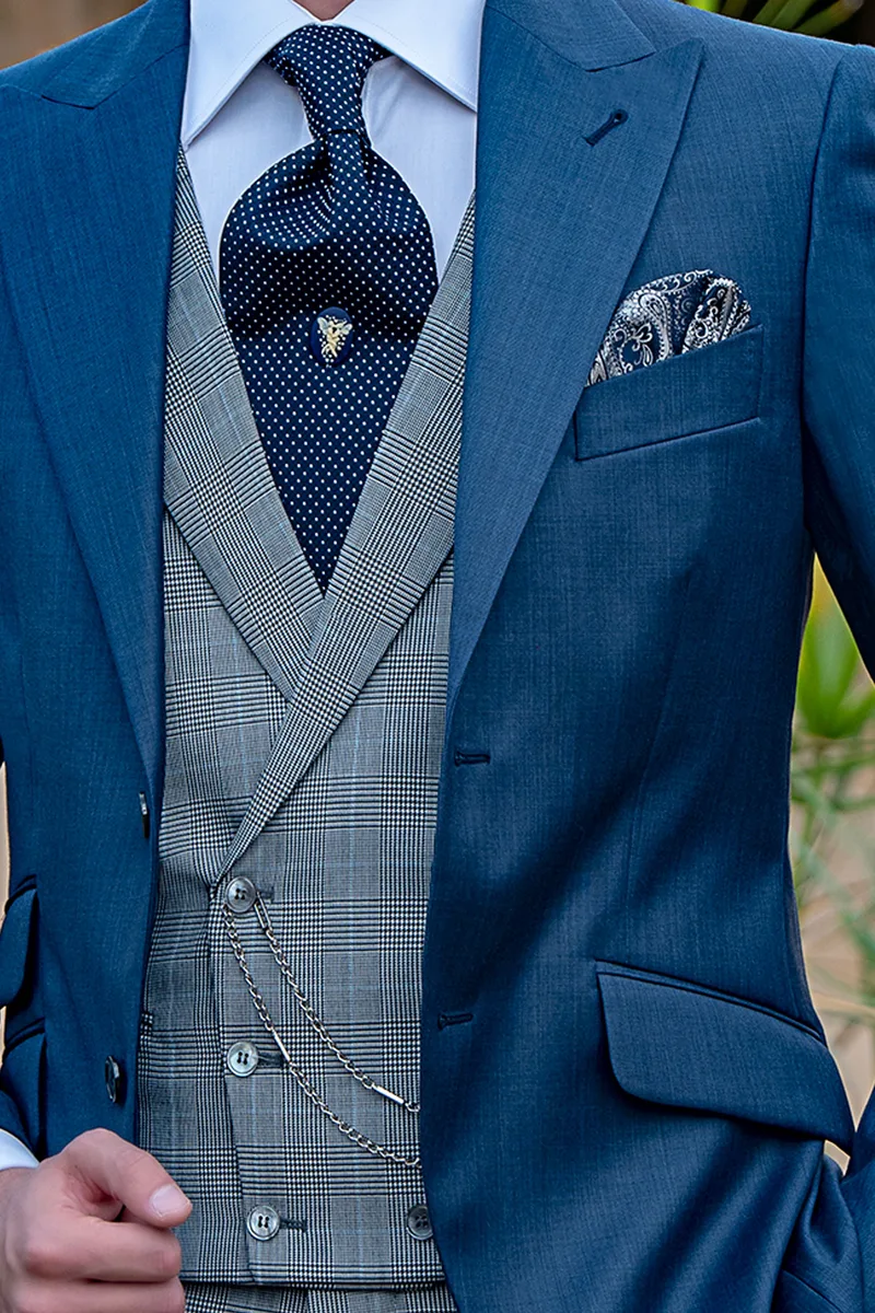 Vestito sposo uomo blu, gilet e pantalone principe di galles 3