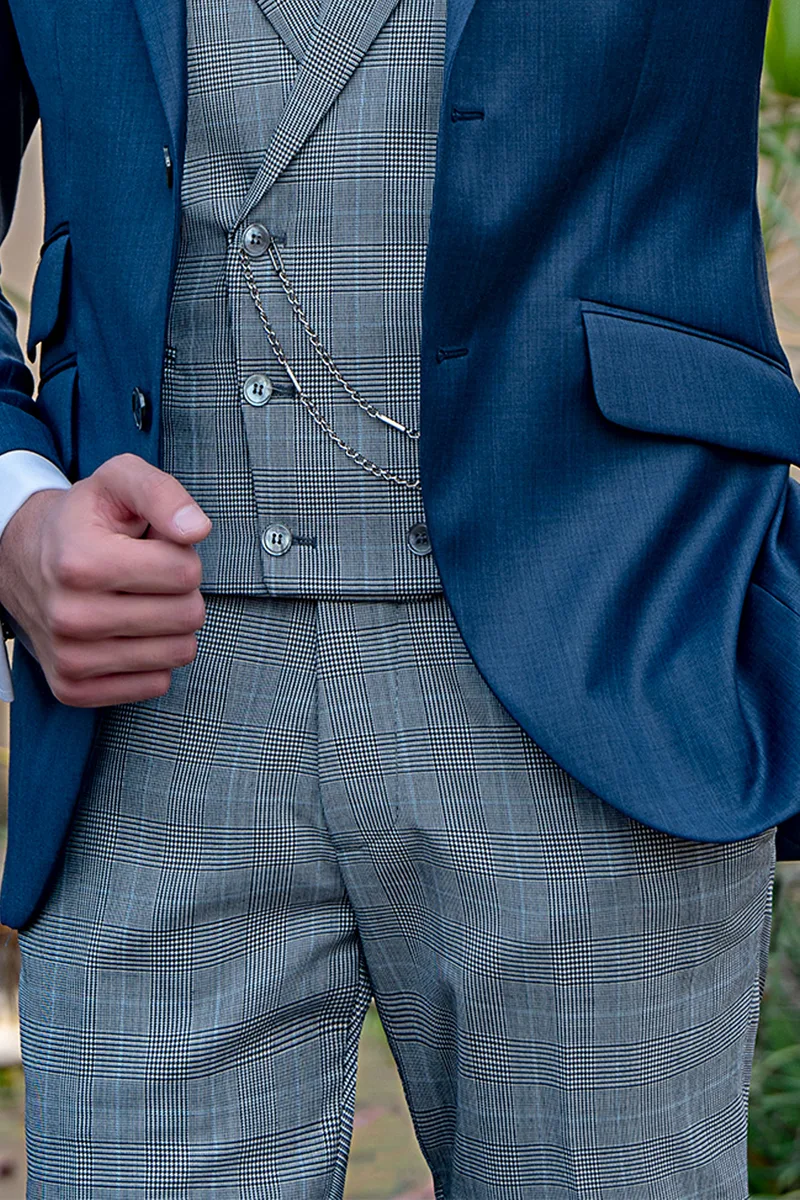 Vestito sposo uomo blu, gilet e pantalone principe di galles 4