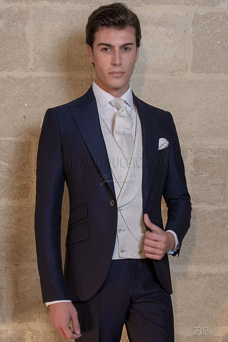 Vestito blu da cerimonia uomo con gilet damascato grigio perla 1