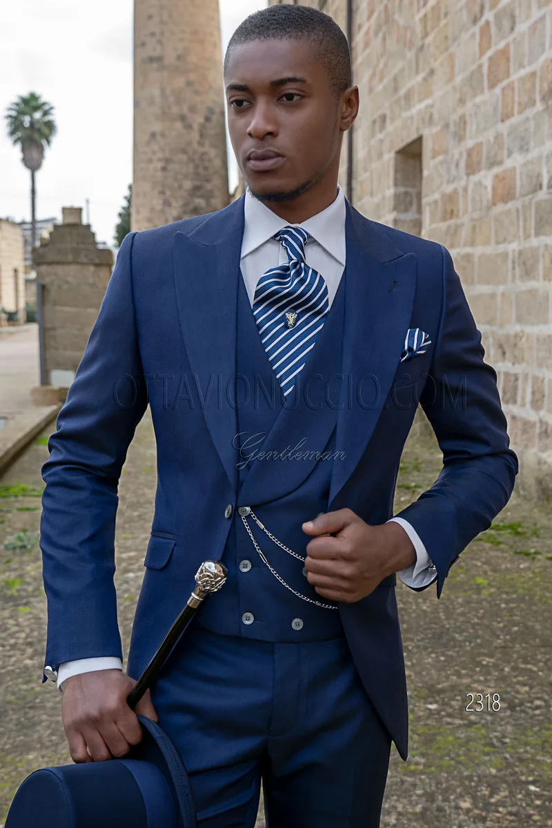 Abito cerimonia uomo 3 pezzi blu, gilet doppiopetto 1