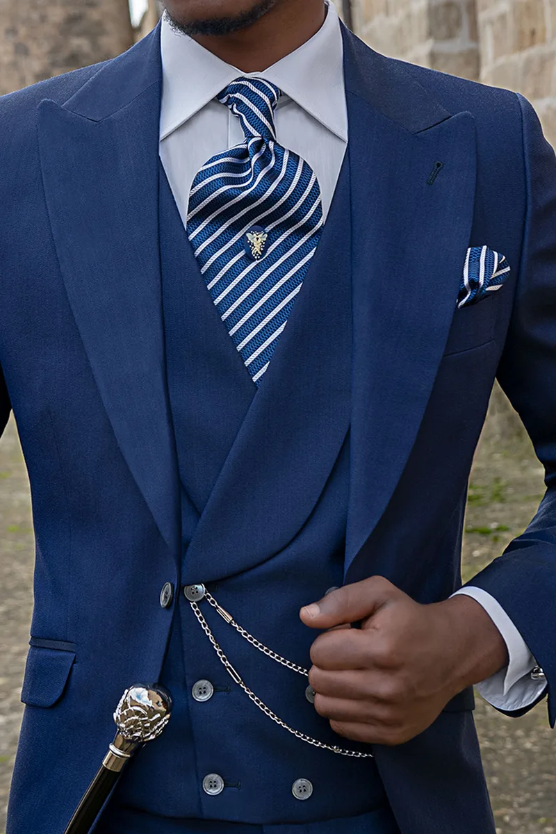 Abito cerimonia uomo 3 pezzi blu, gilet doppiopetto 2