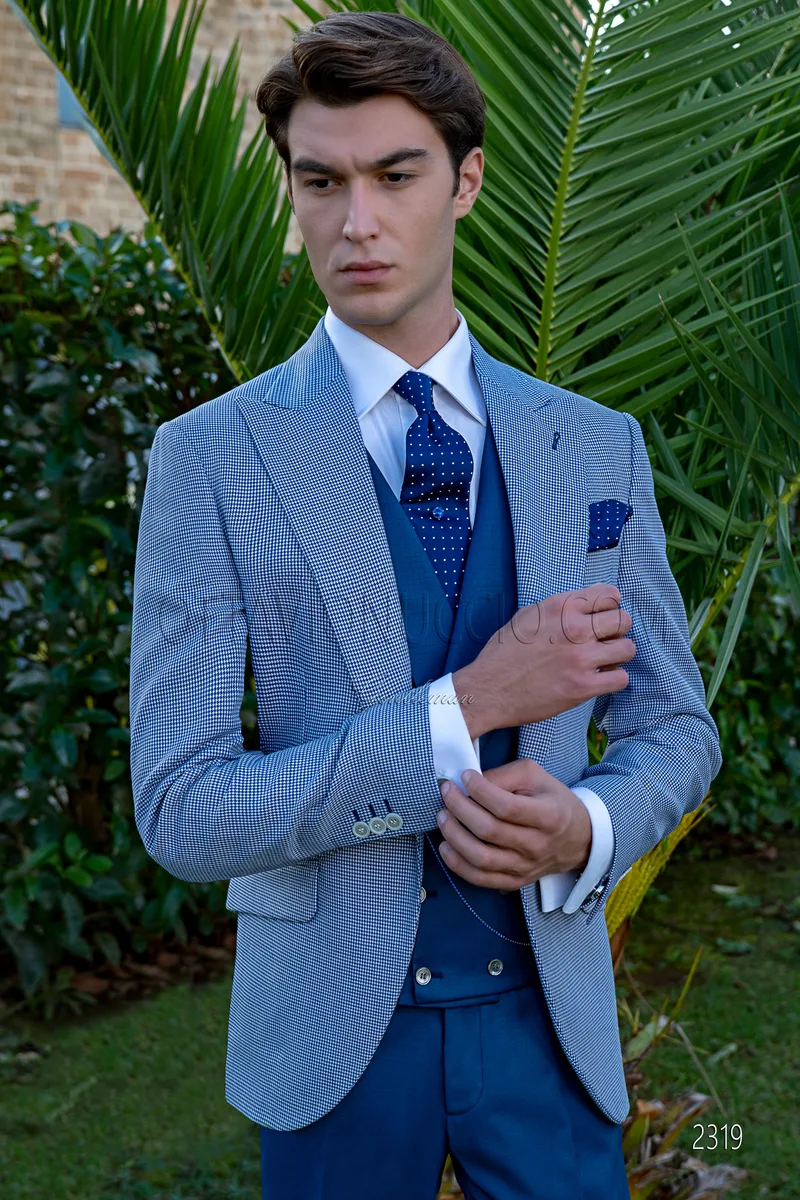 Giacca fashion uomo pied poul blu royal con gilet e pantaloni blu 1
