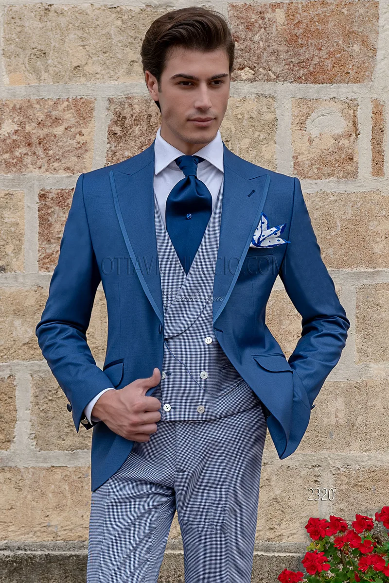 Abito sposo uomo giacca blu royal, gilet e pantalone pied poul 1