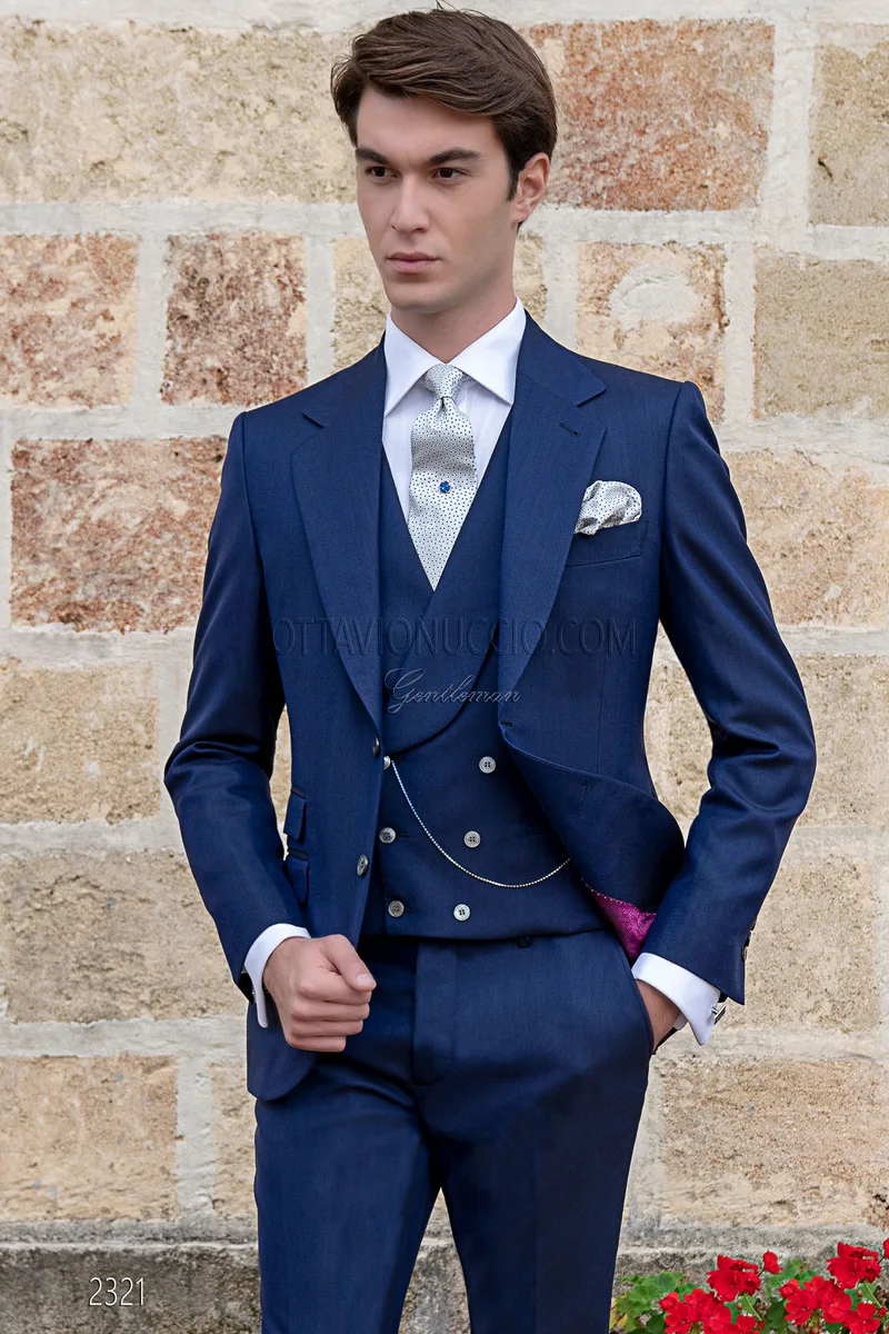 Vestito moda cerimonia uomo blu gilet doppiopetto 1