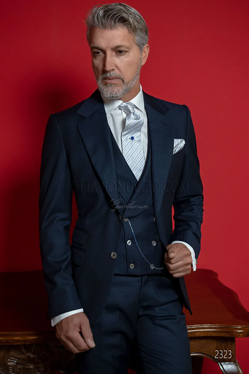 Vestito da cerimonia uomo blu, pura lana con gilet doppiopetto 1