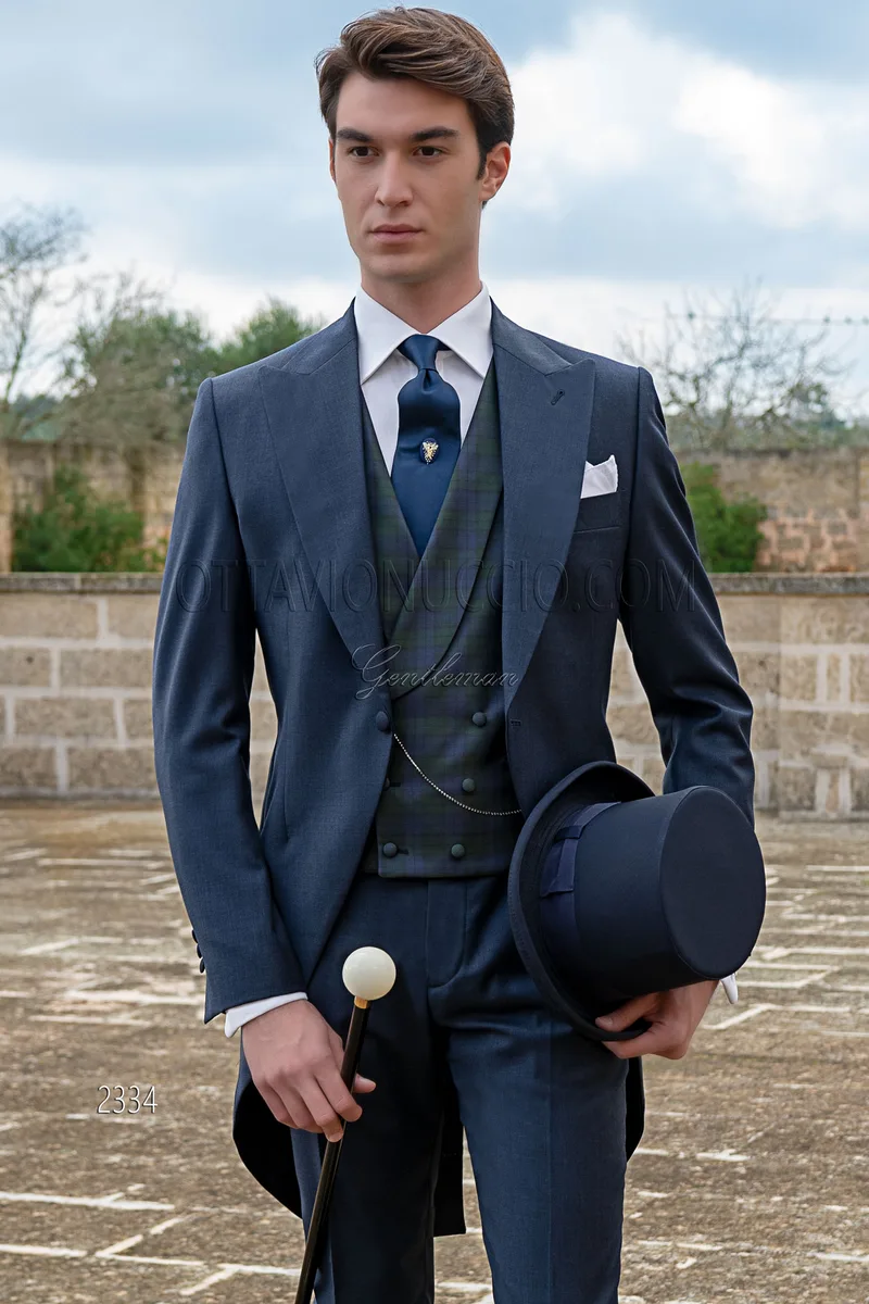 Abito Tight da sposo blu in pura lana, gilet tartan seta doppiopetto 1