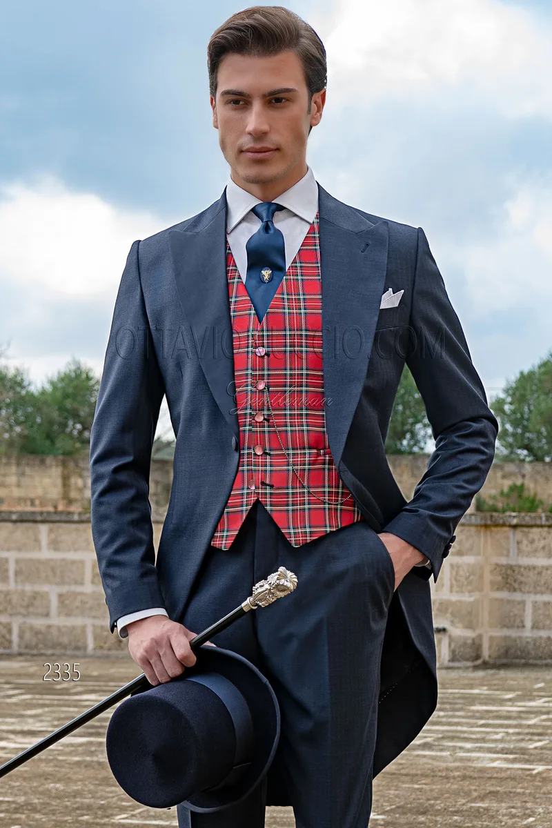 Tight abito uomo blu pura lana, gilet tartan rosso seta 1