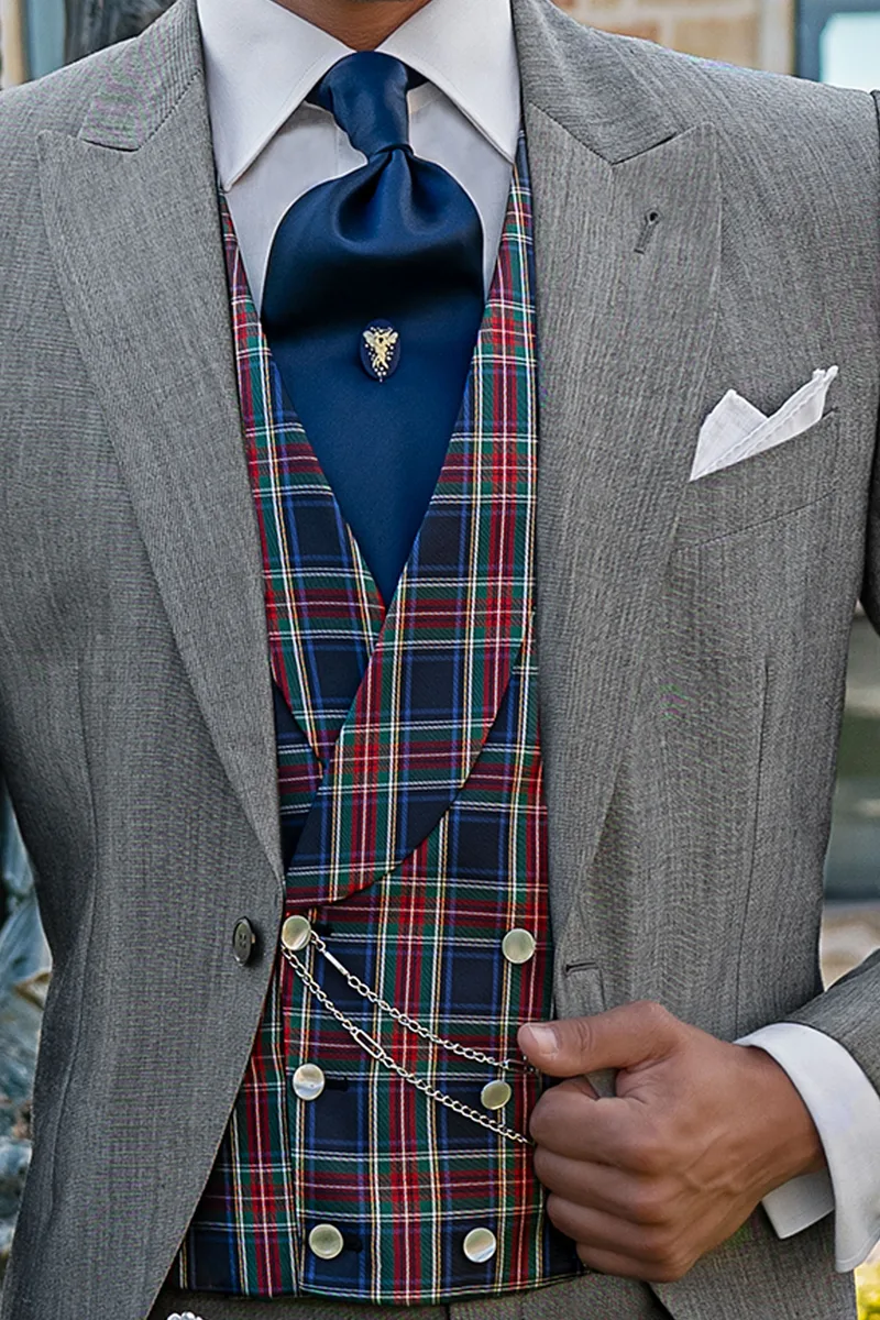 Tight grigio da matrimonio stile inglese, gilet tartan seta 2