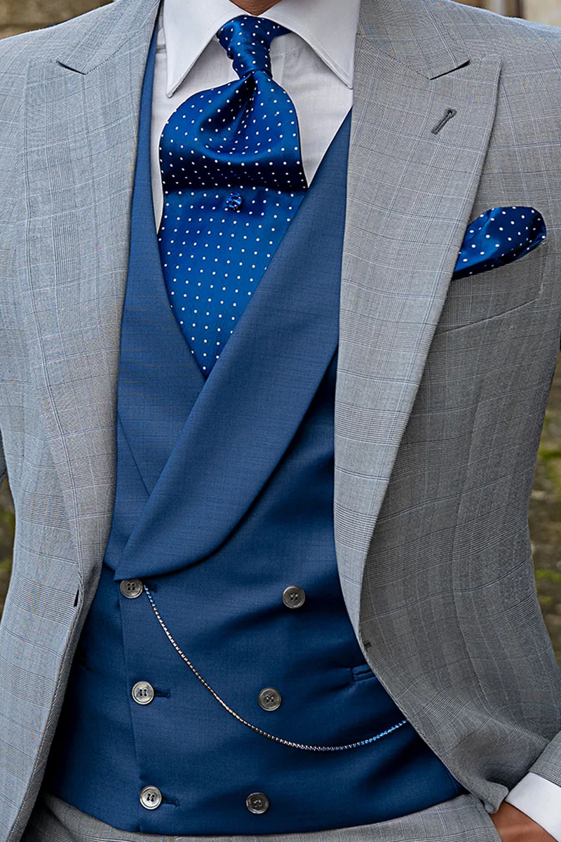 Tight vestito sposo Principe di Galles e gilet blu elettrico 2