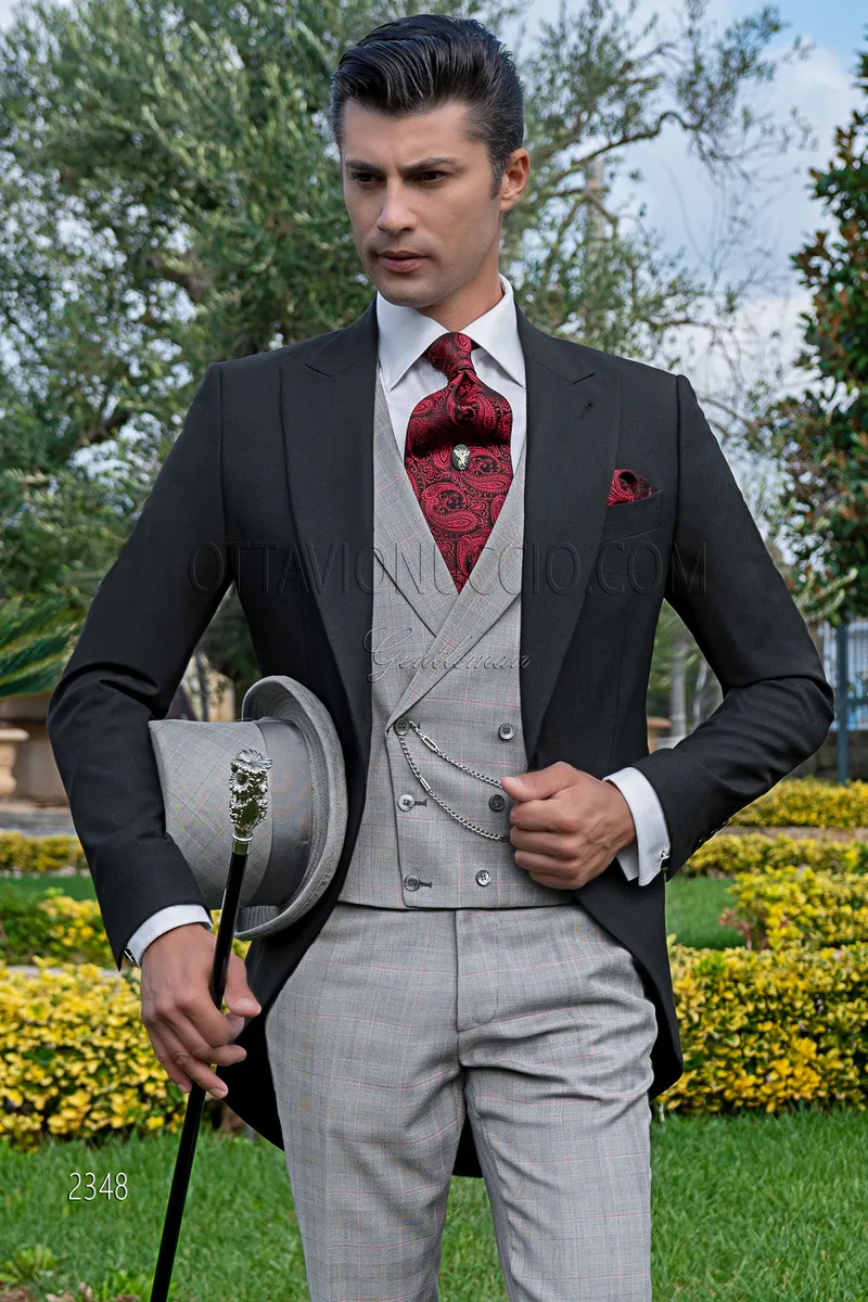 Tight uomo misto lana nero con pantalone e gilet Principe di Galles 1