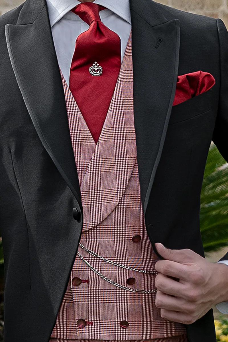 Tight sposo nero, gilet e pantalone principe di Galles rosso 2