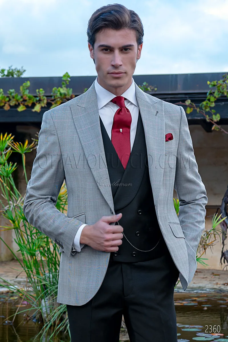 Abito uomo elegante Principe di galles grigio con gilet e pantalone nero 1