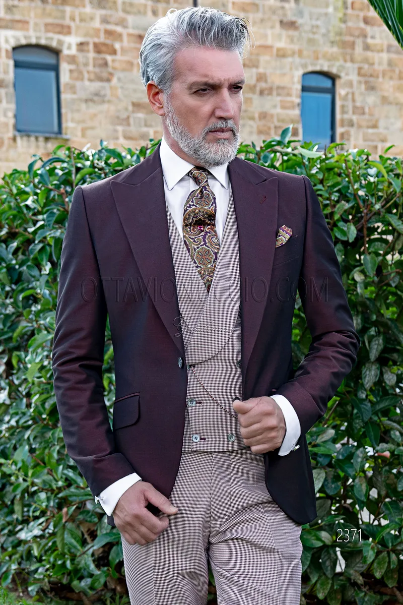 Giacca da cerimonia uomo bordeaux con gilet e pantalone principe di galles 1
