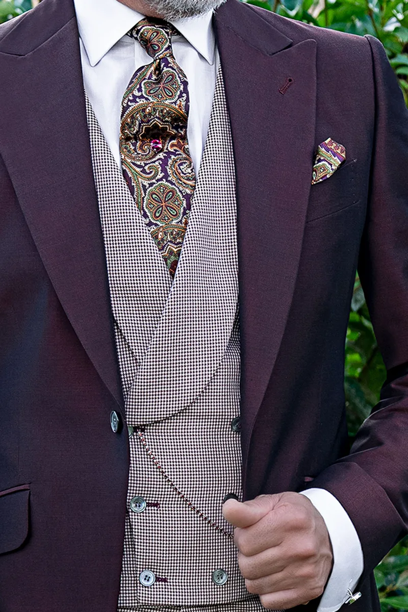Giacca da cerimonia uomo bordeaux con gilet e pantalone principe di galles 2