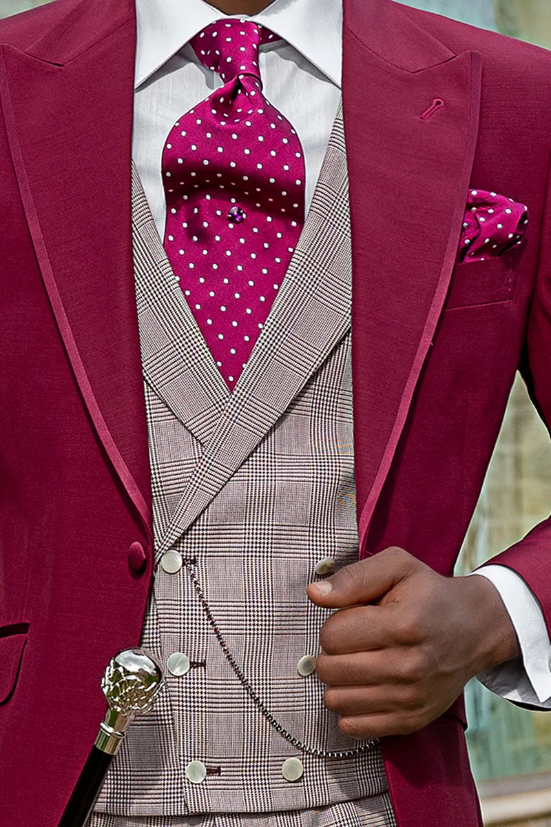 Abito sposo demi tight moderno fucsia, gilet e pantaloni principe di galles 2