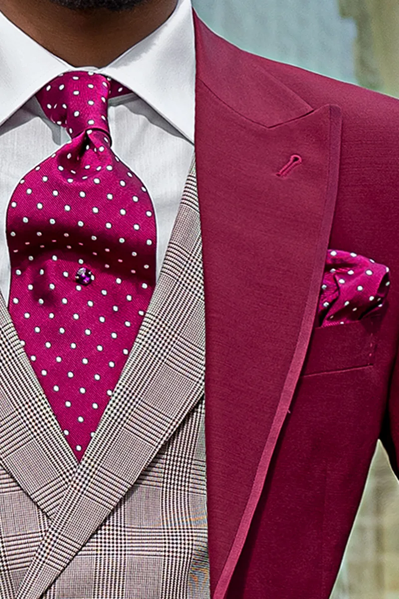 Abito sposo demi tight moderno fucsia, gilet e pantaloni principe di galles 3
