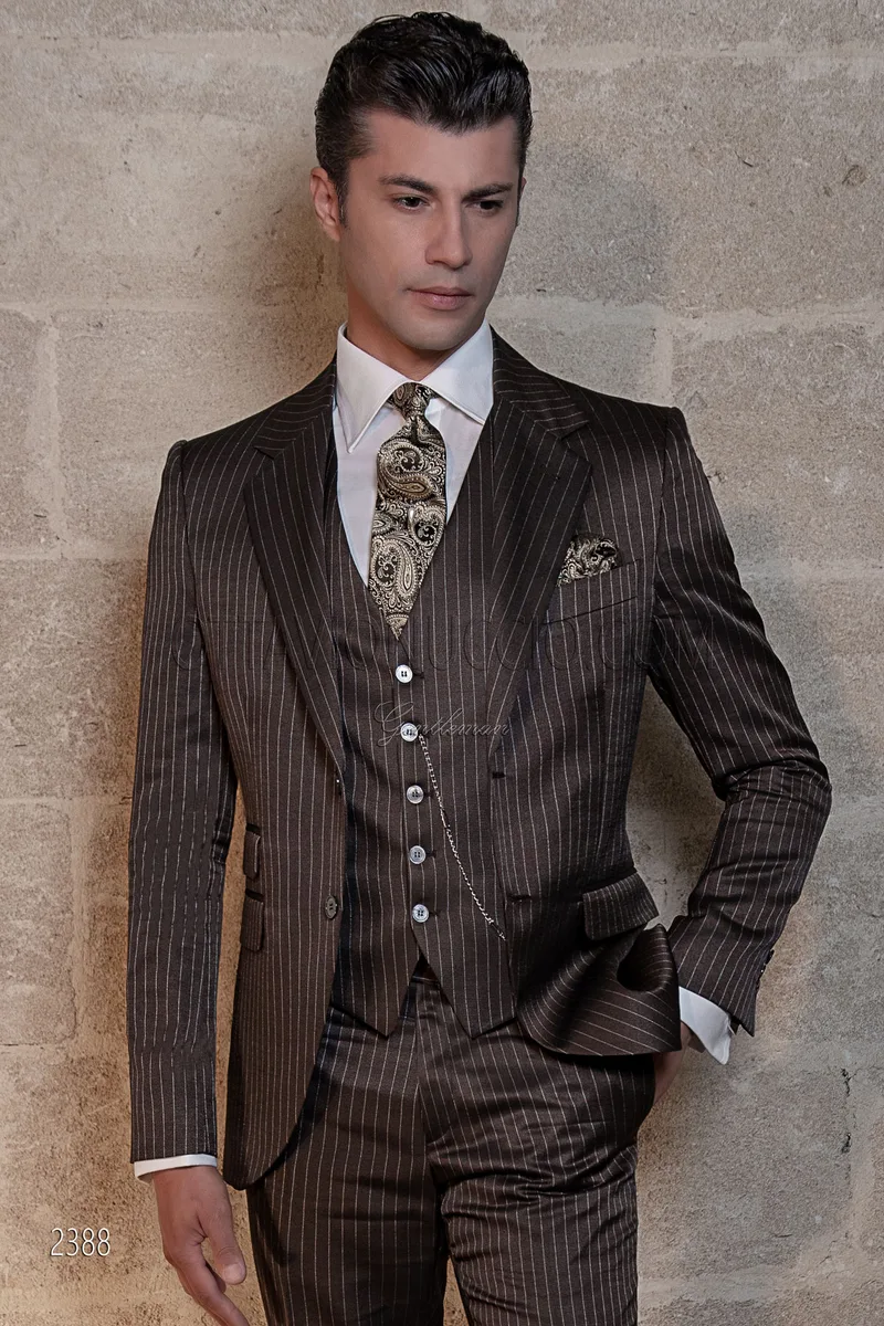 Vestito cerimonia uomo gessato marrone lana viscosa 1