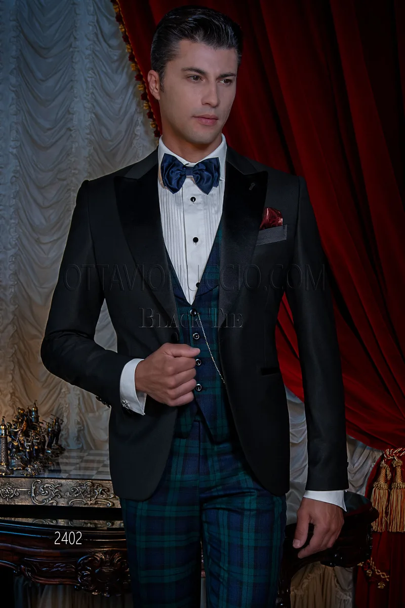 Smoking uomo rever a lancia, pantalone e gilet tartan 1