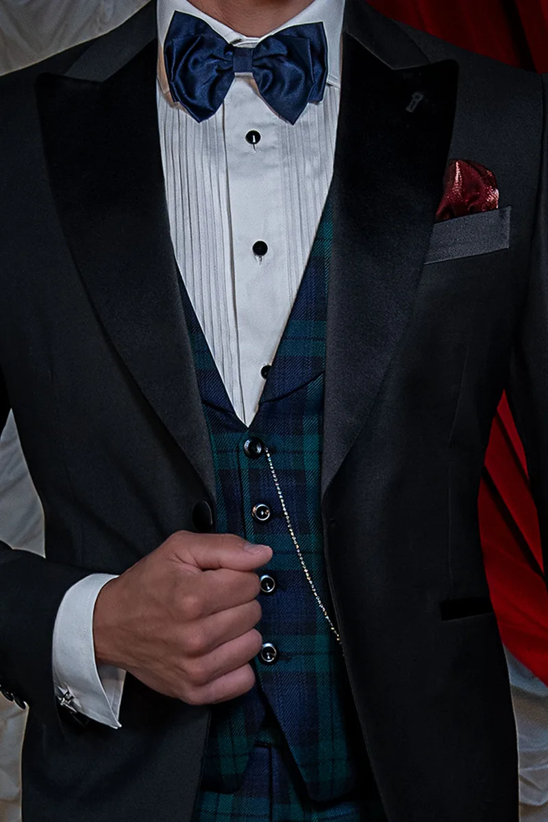 Smoking uomo rever a lancia, pantalone e gilet tartan 3