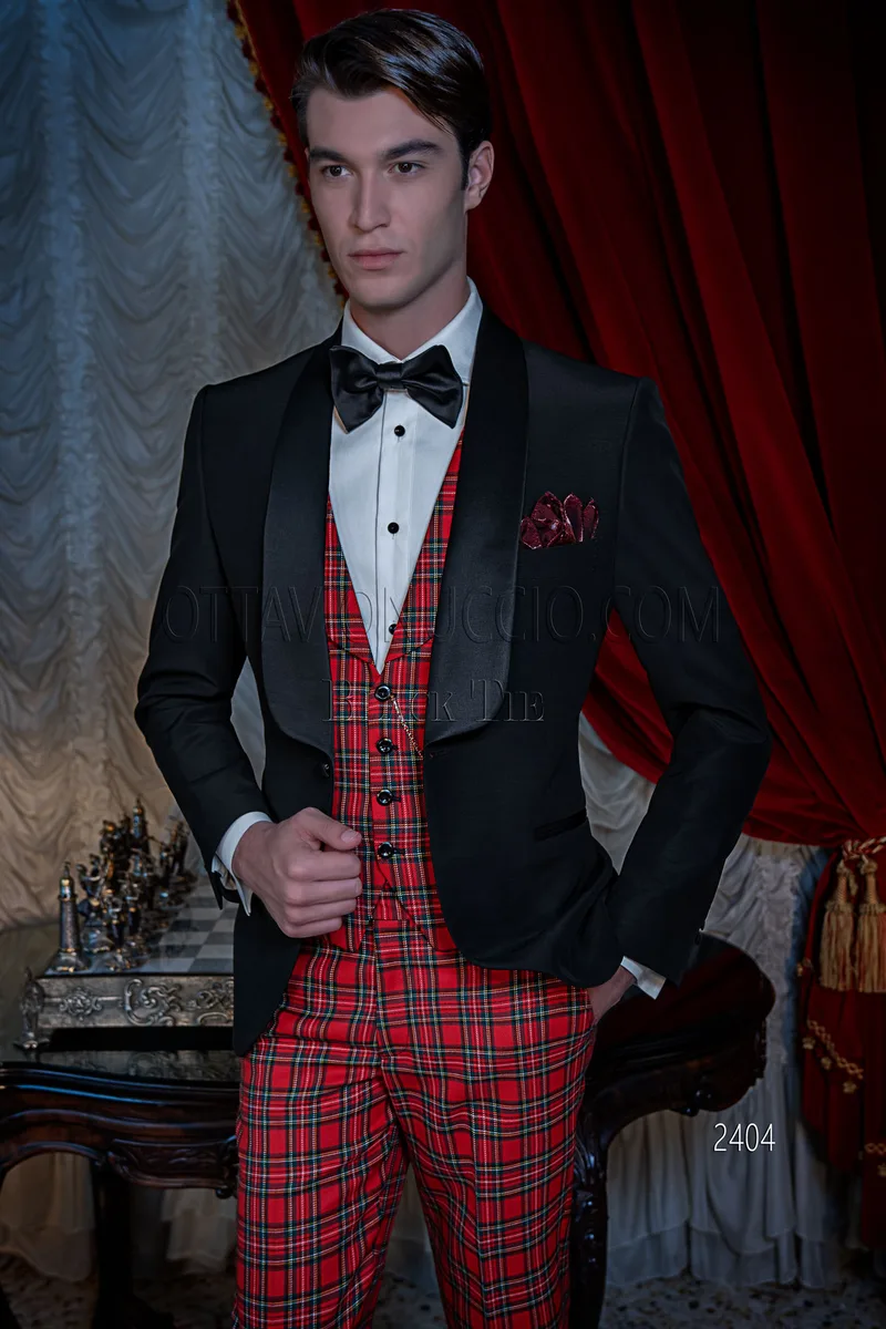 Smoking uomo sciallato, pantalone e gilet tartan rosso 1