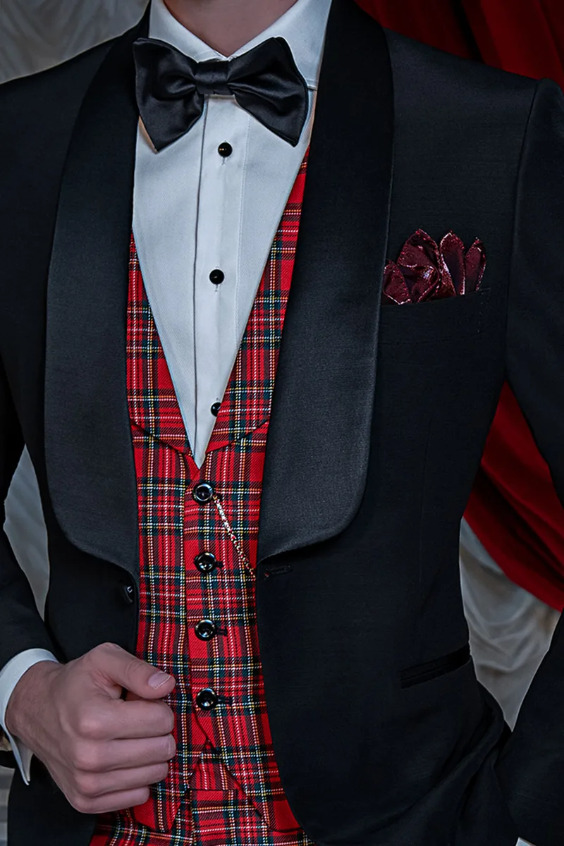 Smoking uomo sciallato, pantalone e gilet tartan rosso 3