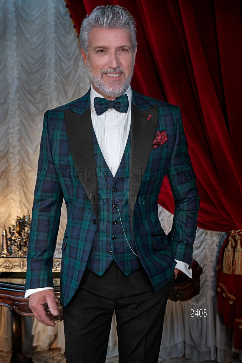 Smoking uomo tartan blu verde, rever a lancia in raso nero 1