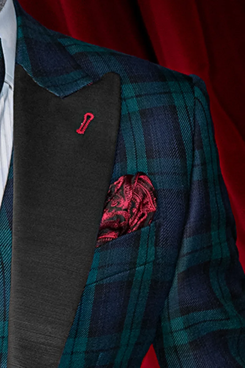 Smoking uomo tartan blu verde, rever a lancia in raso nero 4