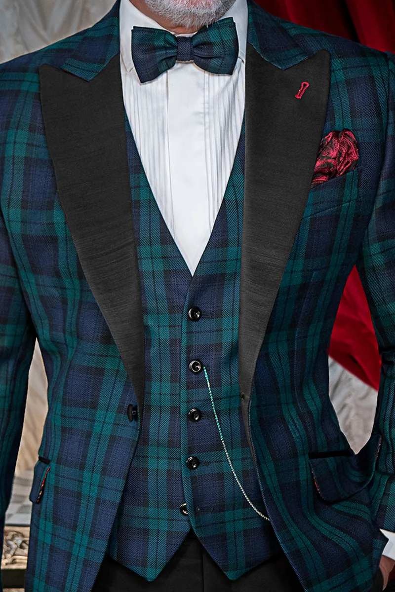 Smoking uomo tartan blu verde, rever a lancia in raso nero 3