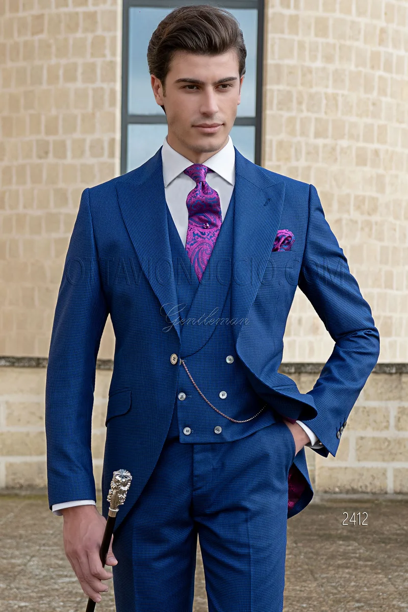 Vestito da sposo moderno blu royal pied de poul 1