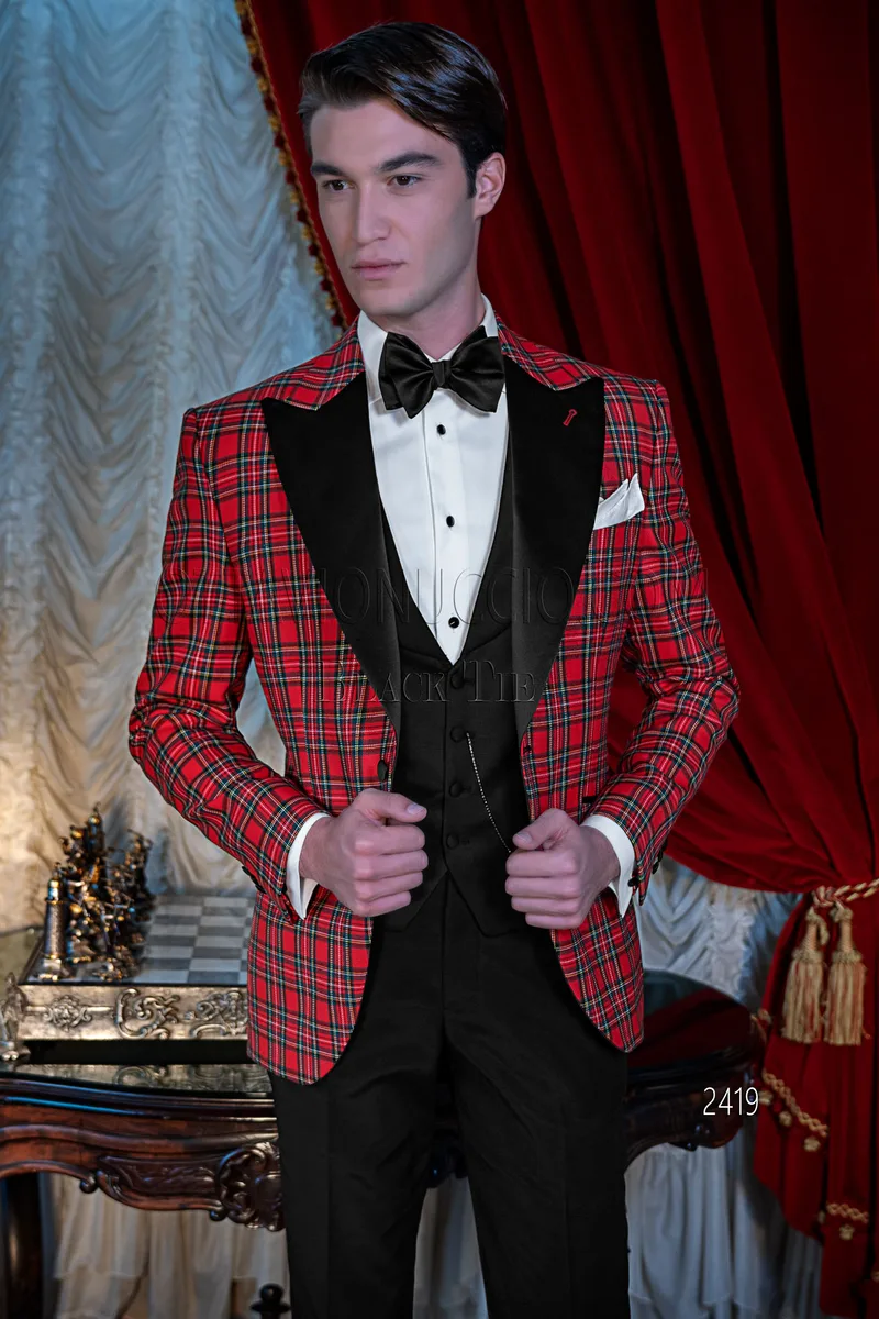 Smoking uomo per eventi di gala in tartan di lana rosso 1