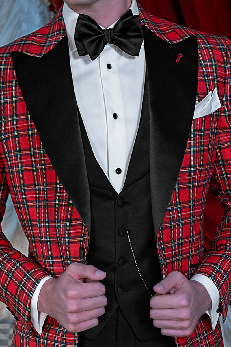 Smoking uomo per eventi di gala in tartan di lana rosso 2