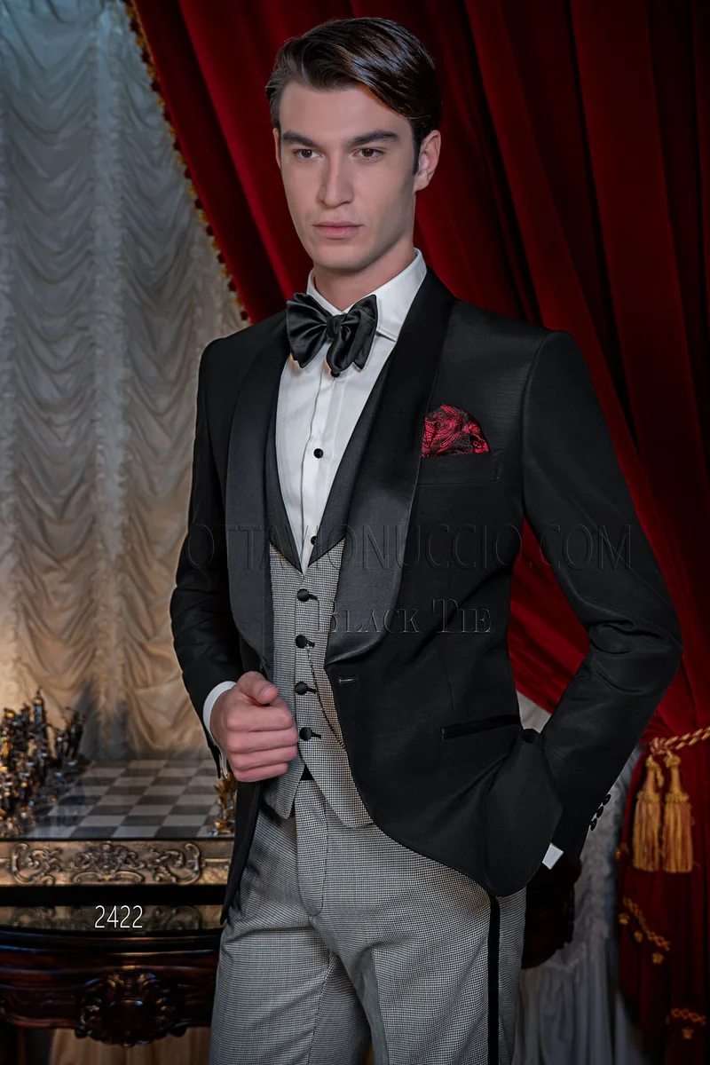 Abito uomo smoking nero sciallato con gilet e pantalone pied poul 1