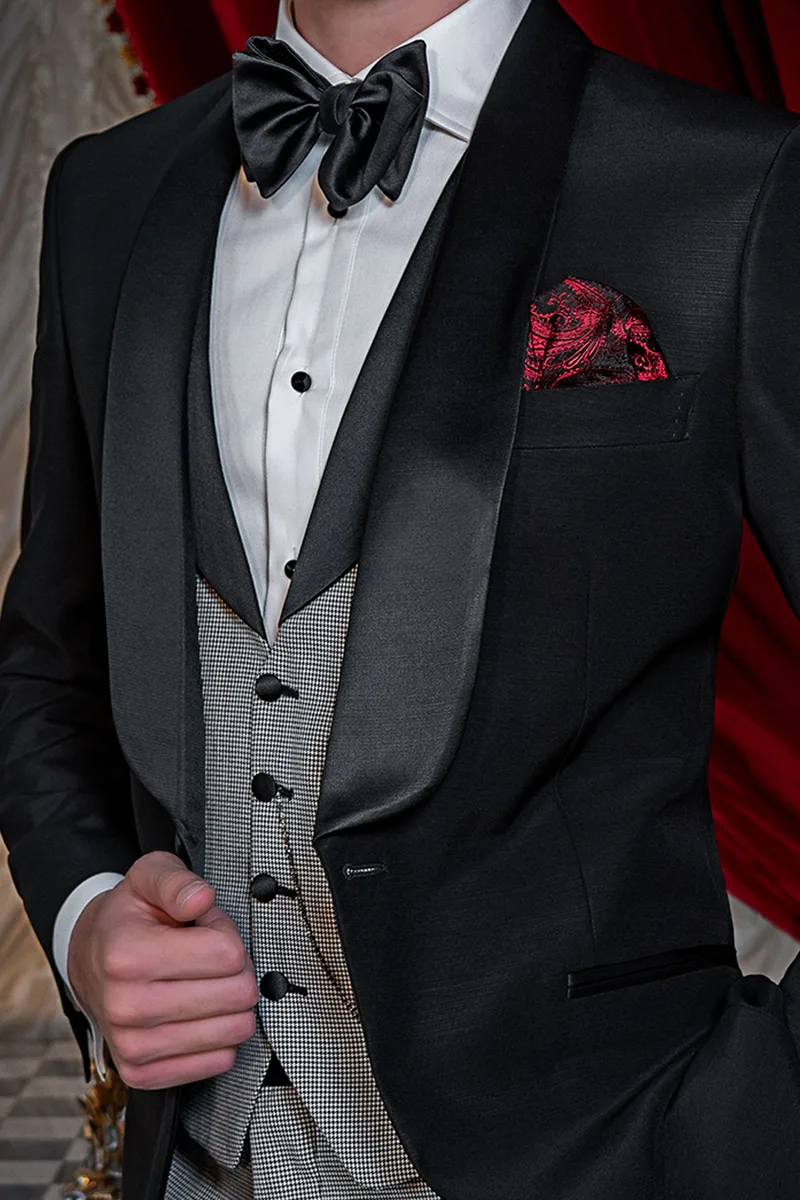 Abito uomo smoking nero sciallato con gilet e pantalone pied poul 2