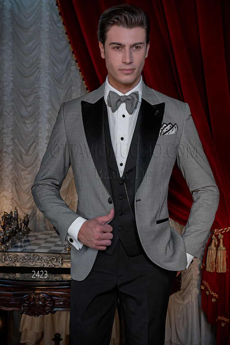 Smoking uomo da gala in pied poul, gilet e pantalone nero 1